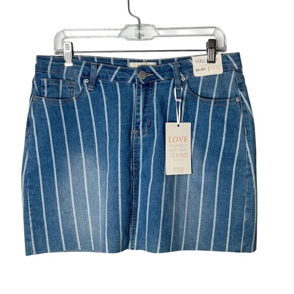 YMI Jeans Women's Denim Mini Skirt Size 11 Striped Cut Off Mid Rise Blue NWT - Picture 1 of 6